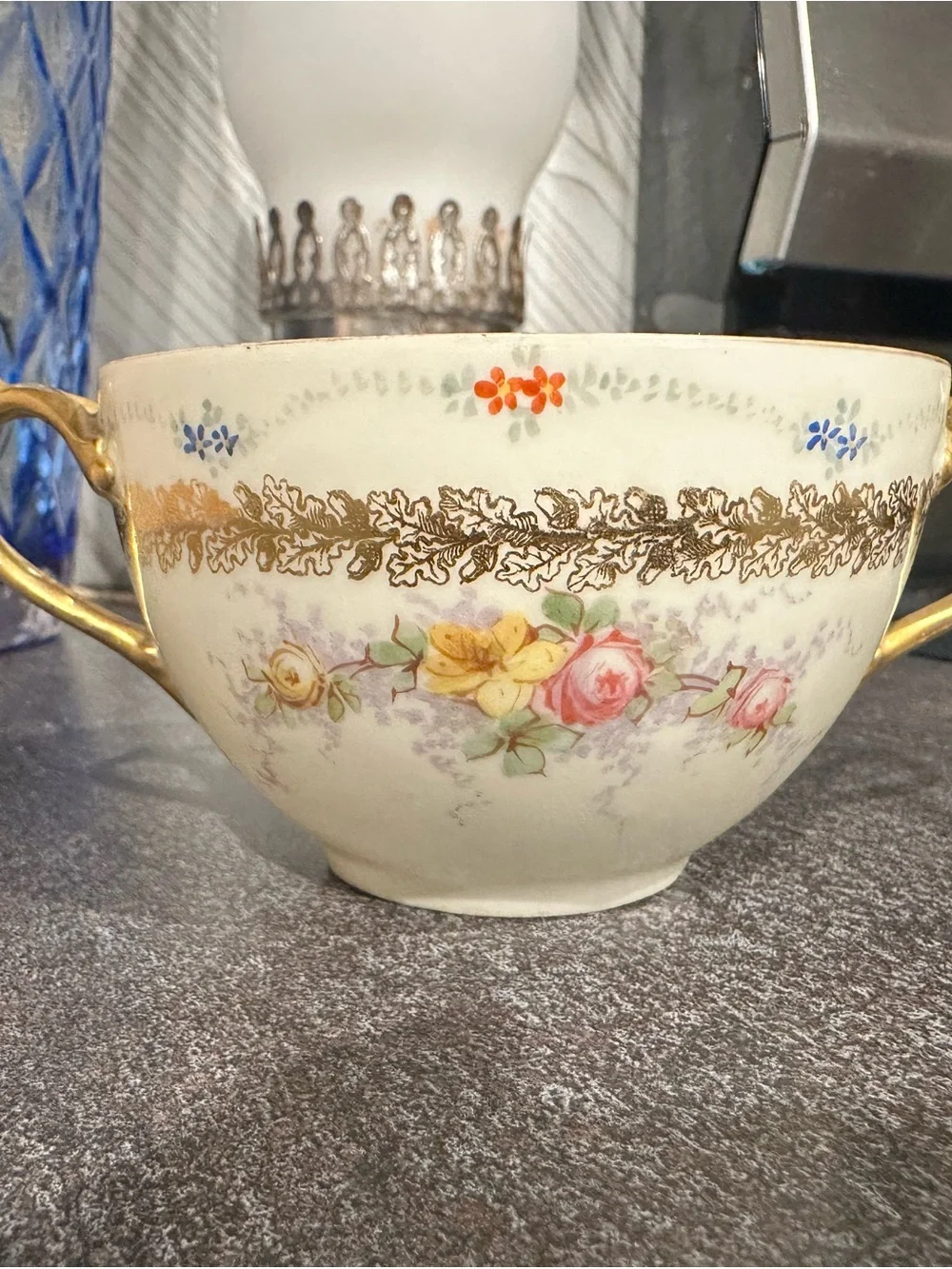 Vintage Floral Porcelain Double-Handled Teacup in Cream and Gold